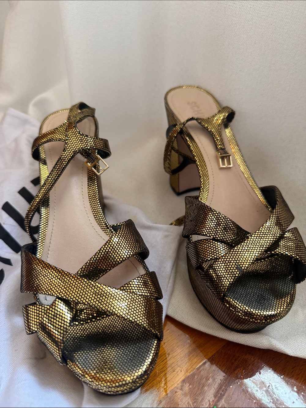SCHUTZ Metallic Gold Platform Strappy Sandals